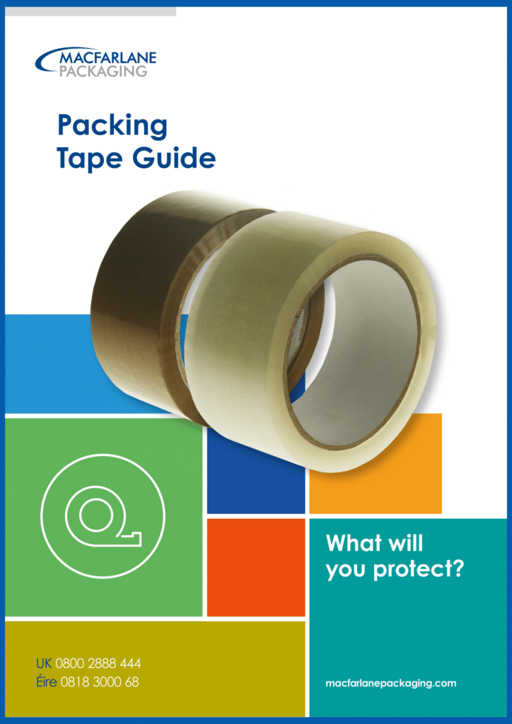Image shows the cover of Macfarlane Packaging's packing tape guide. It shows colourful blocks as well as two rolls of packing tape.